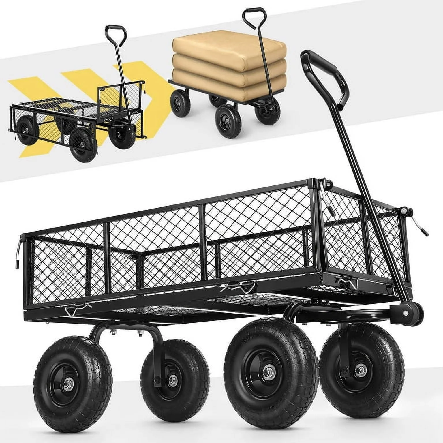Funcid Steel Garden Cart, Heavy Duty 660 LBS Capacity, with Removable Mesh Sides to Convert into Flatbed, Utility Metal Wagon with 180° Rotating Handle and 10