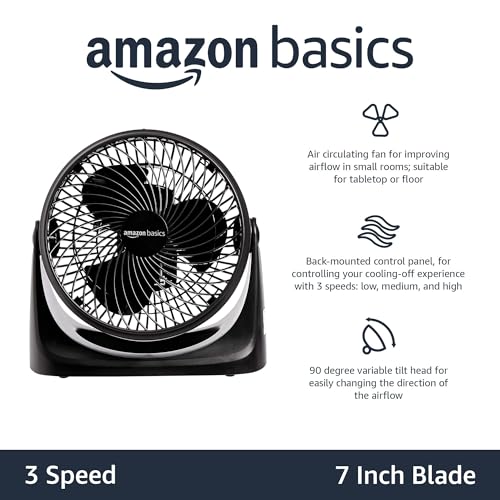 Amazon Basics 11-Inch Air Circulator Fan, Desk Fan for Bedroom, Home and Office, With 90-Degree Tilt Head, 3 Speed Settings, Lightweight (3 LBS), 35 Watts, Black, 11.1