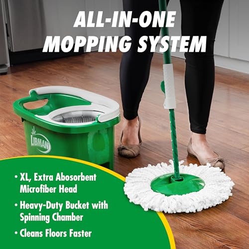 Libman Tornado Spin Mop System, Spinning Floor Mopping and Bucket with Wringer Set for Home, Hardwood, Laminate, Tile Cleaning, Includes 1 Machine Washable Replacement Head Refills (2 Total)