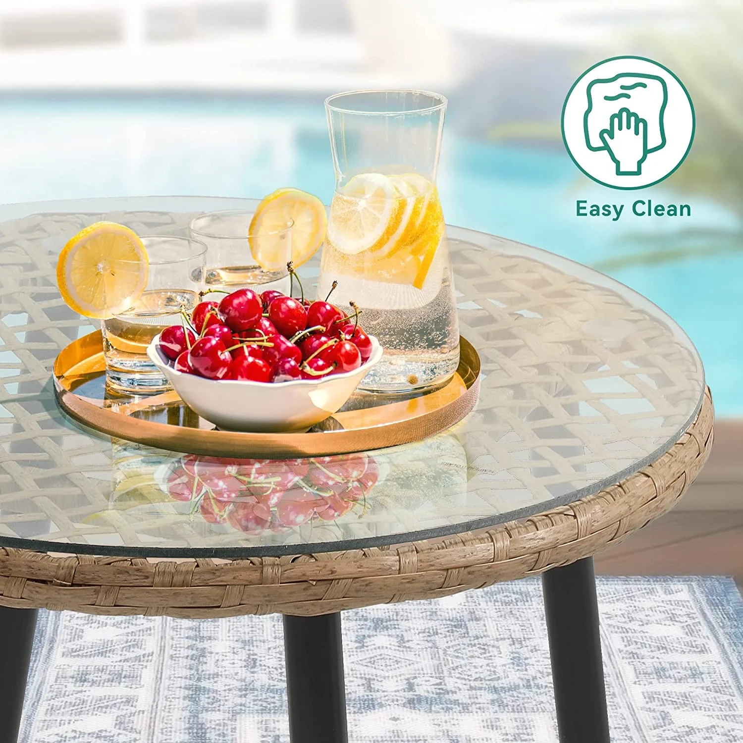 Dextrus 3-Piece Outdoor Patio Furniture Wicker Bistro Set, All-Weather Rattan Conversation Chairs for Backyard, Balcony and Deck with Soft Cushions, Glass Side Table, Yellow Rattan