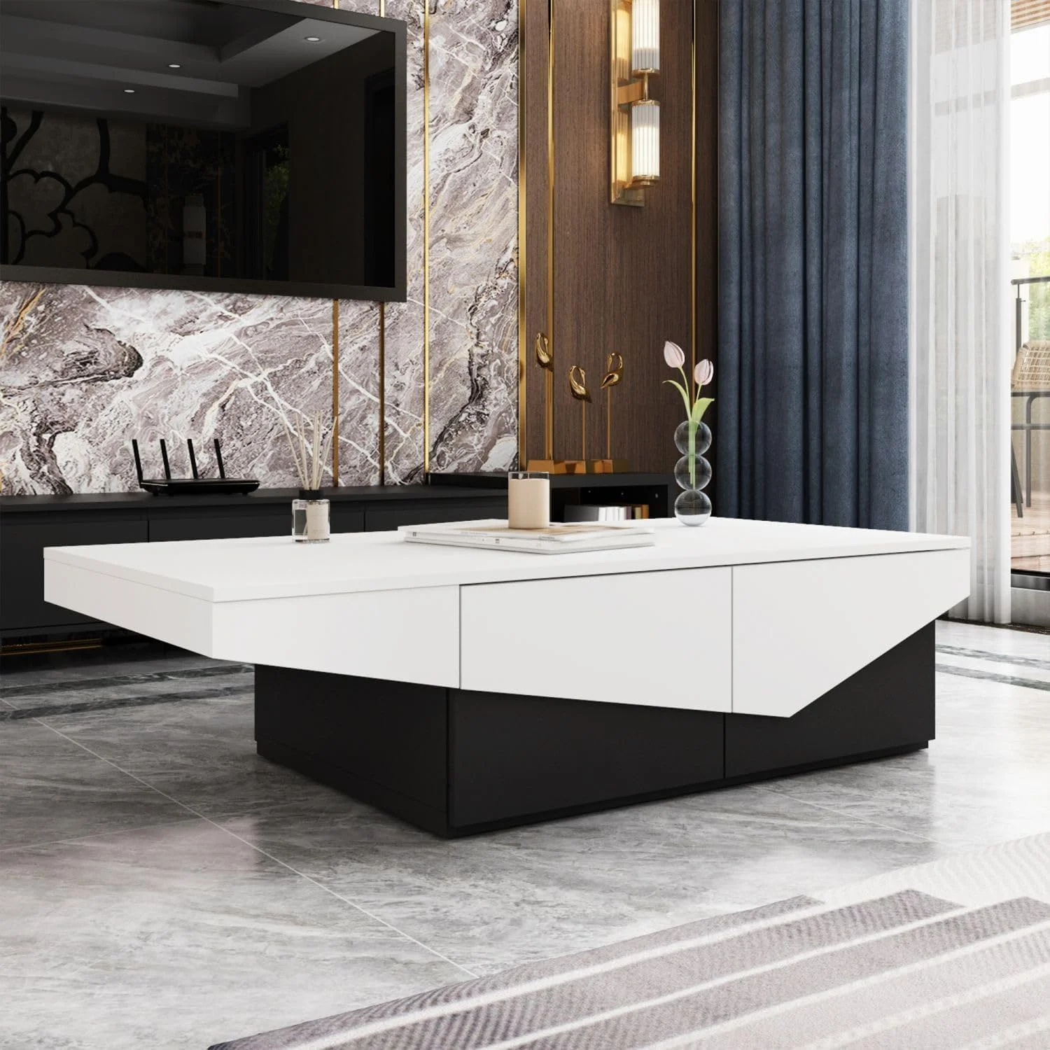 Modern Coffee Table with 4 Drawers, Central Table Living Room Coffee Table with Storage, White and Black Wood Coffee Table, Minimalist & Contemporary (47.2”W x 23.6”D x 12.4”H)