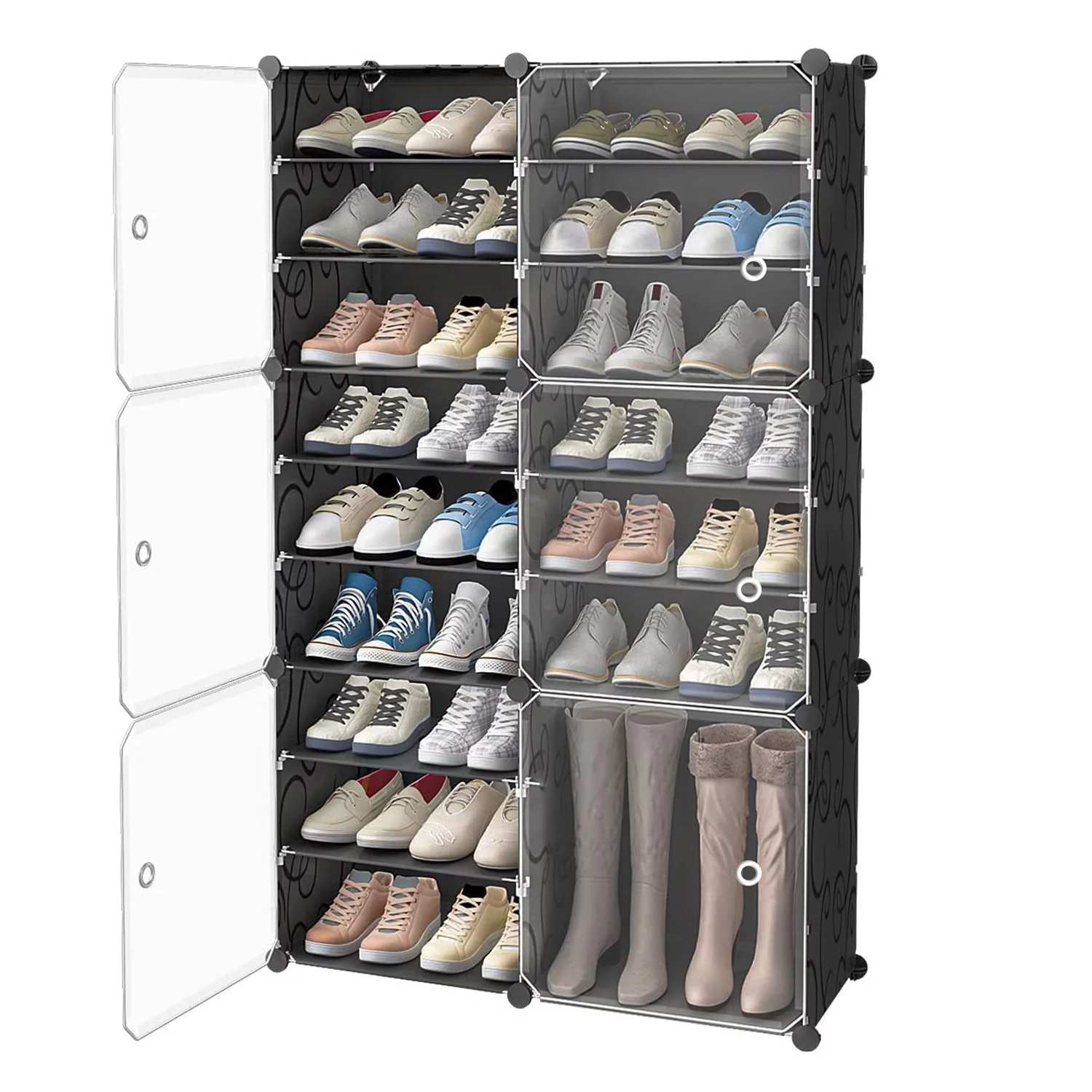 Isyunen Portable Shoe Rack Organizer with Door, 36 Pair DIY Shoe Storage Shelf Organizer, plastic closet storage with doors for Entryway, Black