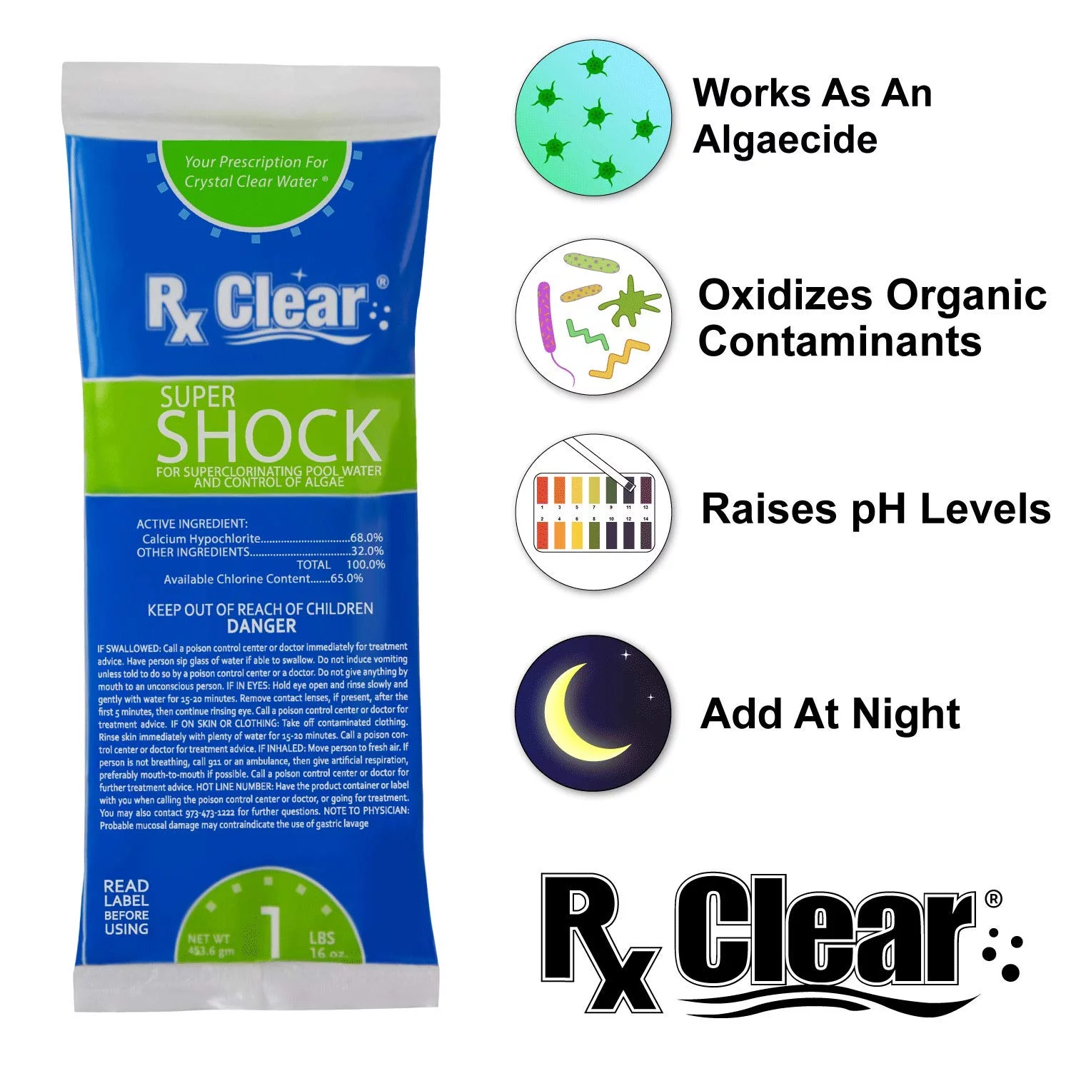 Rx Clear Super Shock 68% Calcium Hypochlorite Pool Shock - 1 lb, 48 Pack