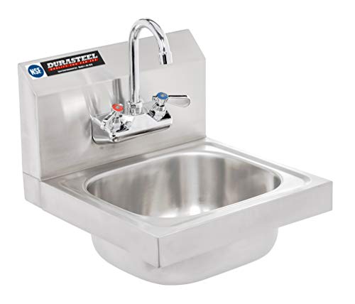 DuraSteel Stainless Steel Sink - Commercial Wall Mount Kitchen Sink - Small Hand Sink Wash Basin - With Sink Strainer and Faucet - For Laundry, Restaurants, Bars, and More