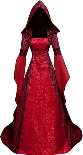 Medieval Victorian Dress for Women,Vintage Witch Halloween Renaissance Costumes Velvet Vampire Hooded Gothic Cosplay Gown