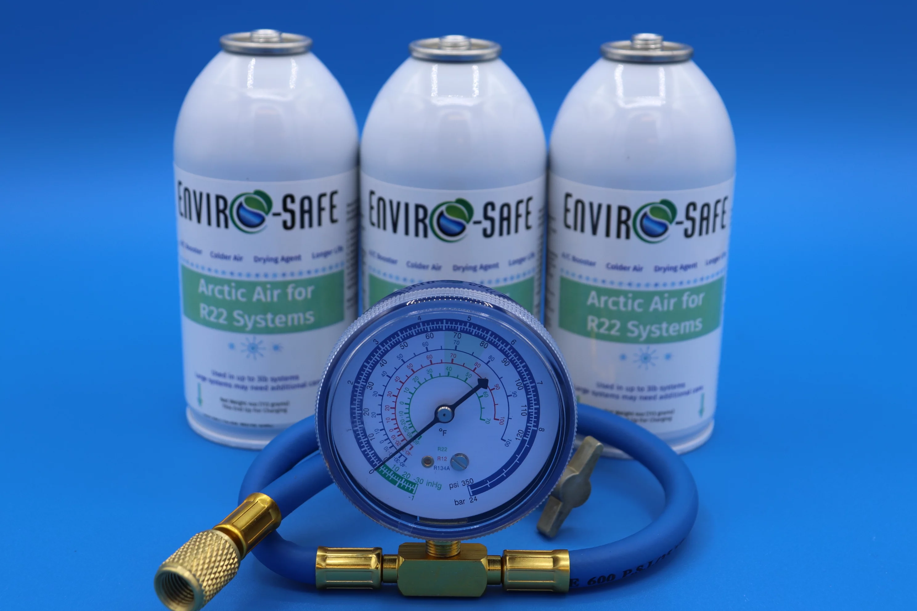 Envirosafe Arctic Air for R22 systems, 3 cans and a gauge, R22a, R-22a