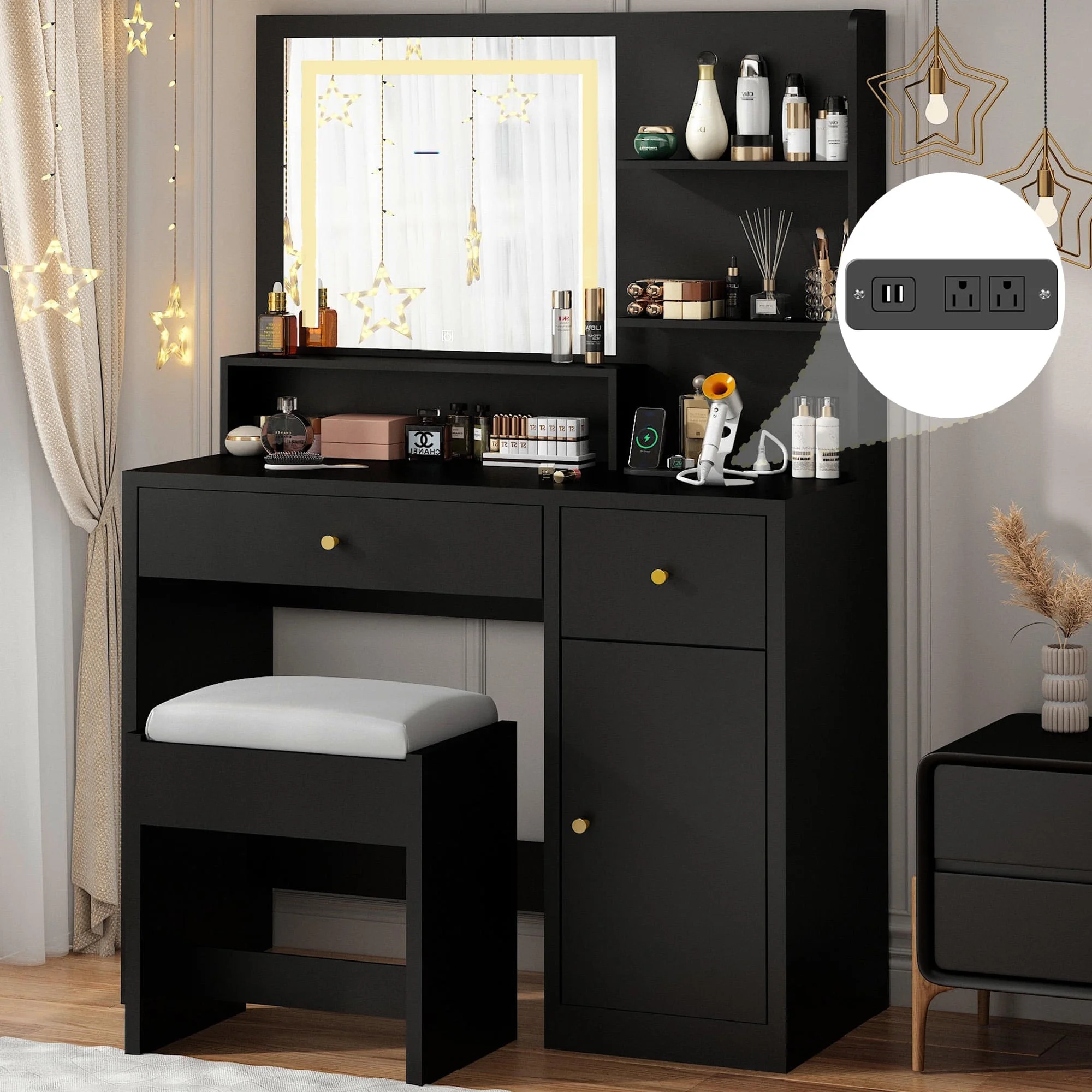 Vanity Desk Set with LED Light Mirror & Power Outlet, Makeup Table with 3 Shelves & 2 Drawers & 3 Level Adjustable Cabinet, Makeup Vanity Stool(Black-37-inch)