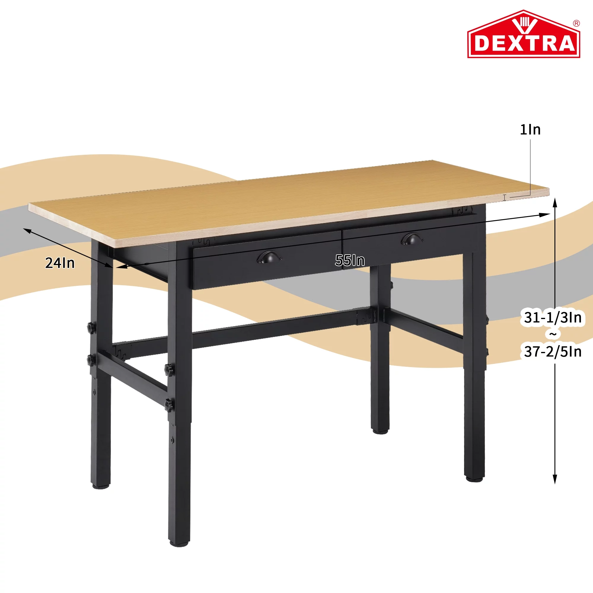 Dextra 55’’ Adjustable Work Benches for Garage Work Table with Power Outlets with Deepened Drawers Tool Storage, Rubber Wood Tabletop, 2000 lbs Load Capacity