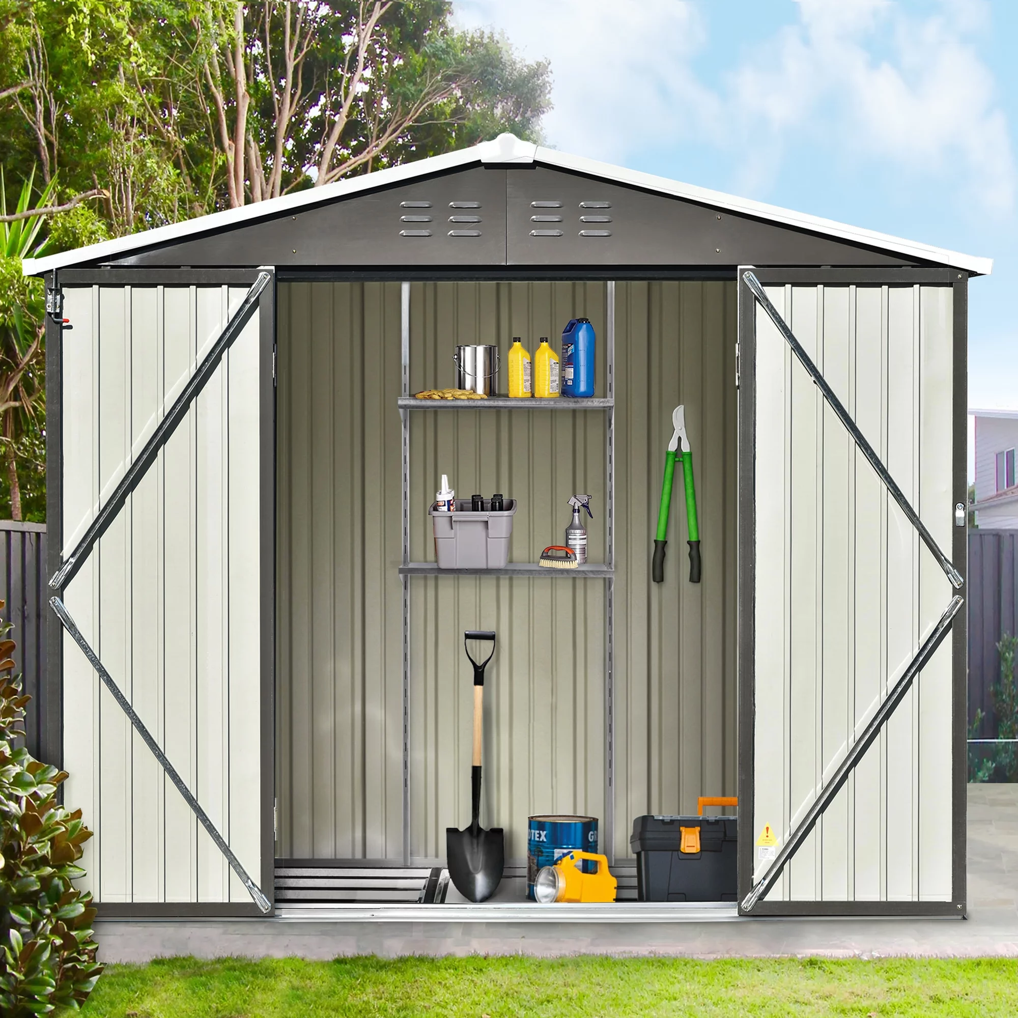 Sesslife 8' x 6' Outdoor Storage Shed, Patio Galvanized Steel Metal Shed with Lockable Doors and Adjustable Shelves, Garden Shed with Floor Frame and Vents for Tools, Lawn Mover, Bike, Gray