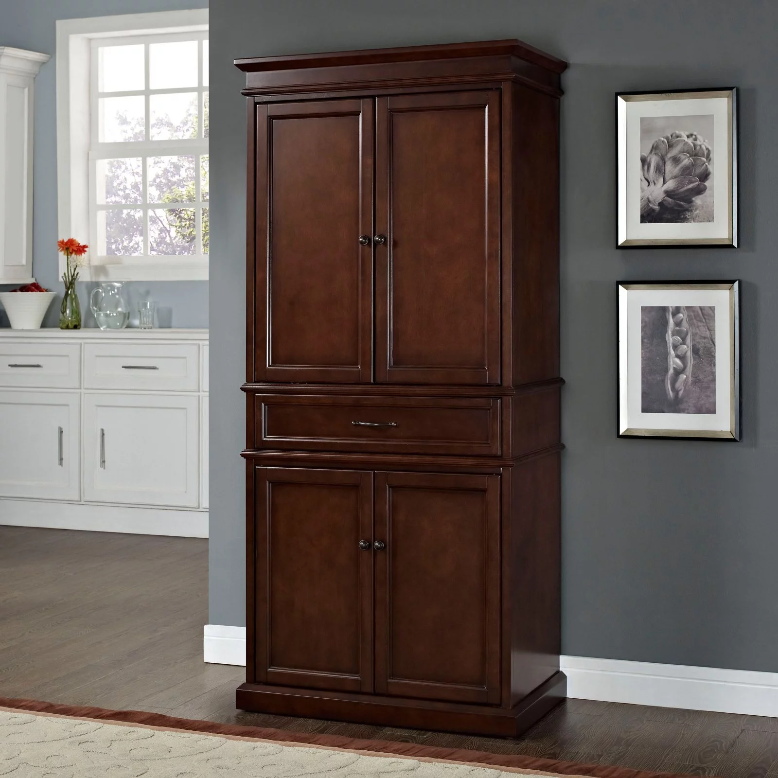 Crosley Furniture Parsons Wood 4 Door Classic Pantry in Mahogany