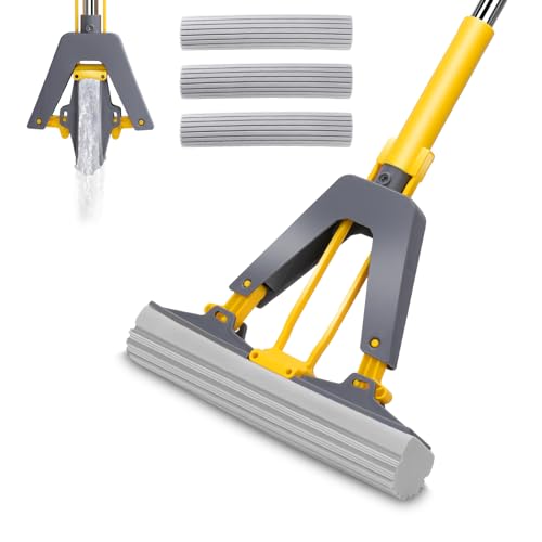 Sponge Mop with Self-Squeeze Feature, Stainless Steel Handle, 3 PVA Absorbent Mop Head Refills, Ideal for Home & Commercial Use on Tile, Floor, Bathroom & Garage