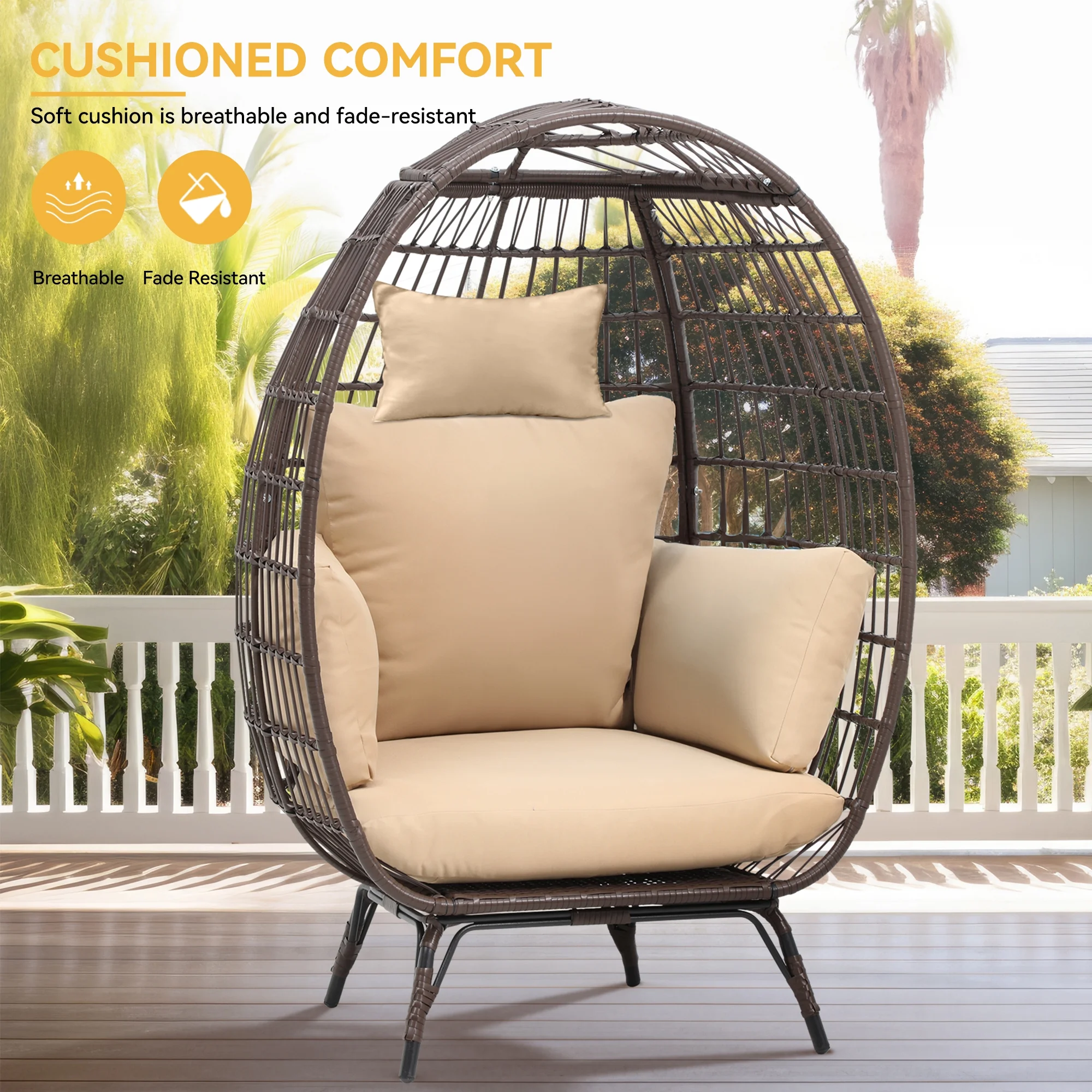 Dextrus Egg Chair Outdoor Egg Lounge Chair with Cushion Wicker Chair PE Rattan Chair for Patio, Garden, Backyard, Porch-Beige
