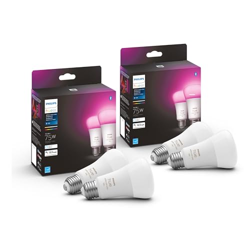 Philips Hue 75W A19 White and Color Ambiance LED Smart Color-Changing Bulb - Pack of 4 - E26 Indoor - Control with Hue App - Compatible with Alexa, Google Assistant, and Apple Homekit