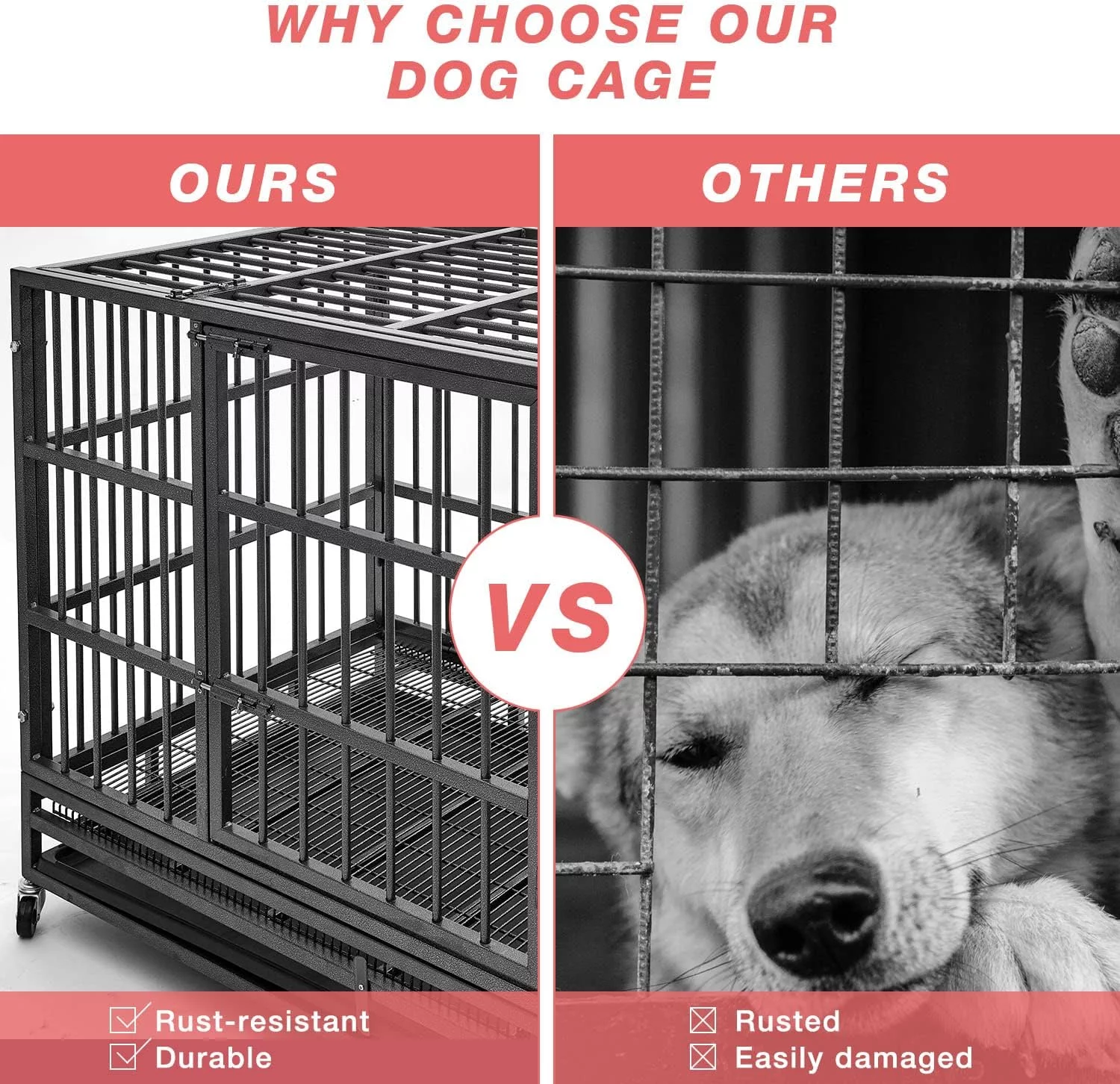 Aixvx 48 inch Heavy Duty Indestructible Dog Crate Steel Escape Proof, Indoor Double Door High Anxiety Cage, Kennel with Wheels, Removable Tray, Extra Large XL XXL