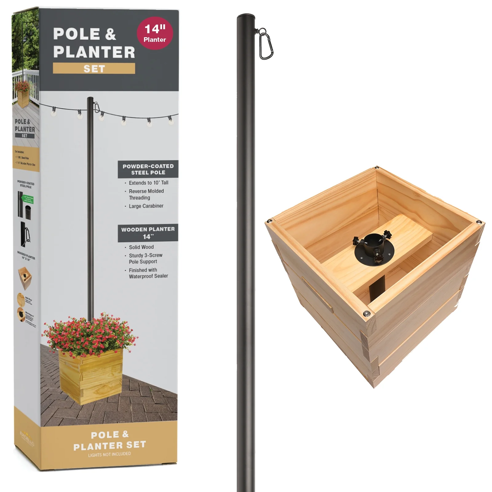 Excello Global Products Wooden Planter Box Set with 10' String Light Pole - 14