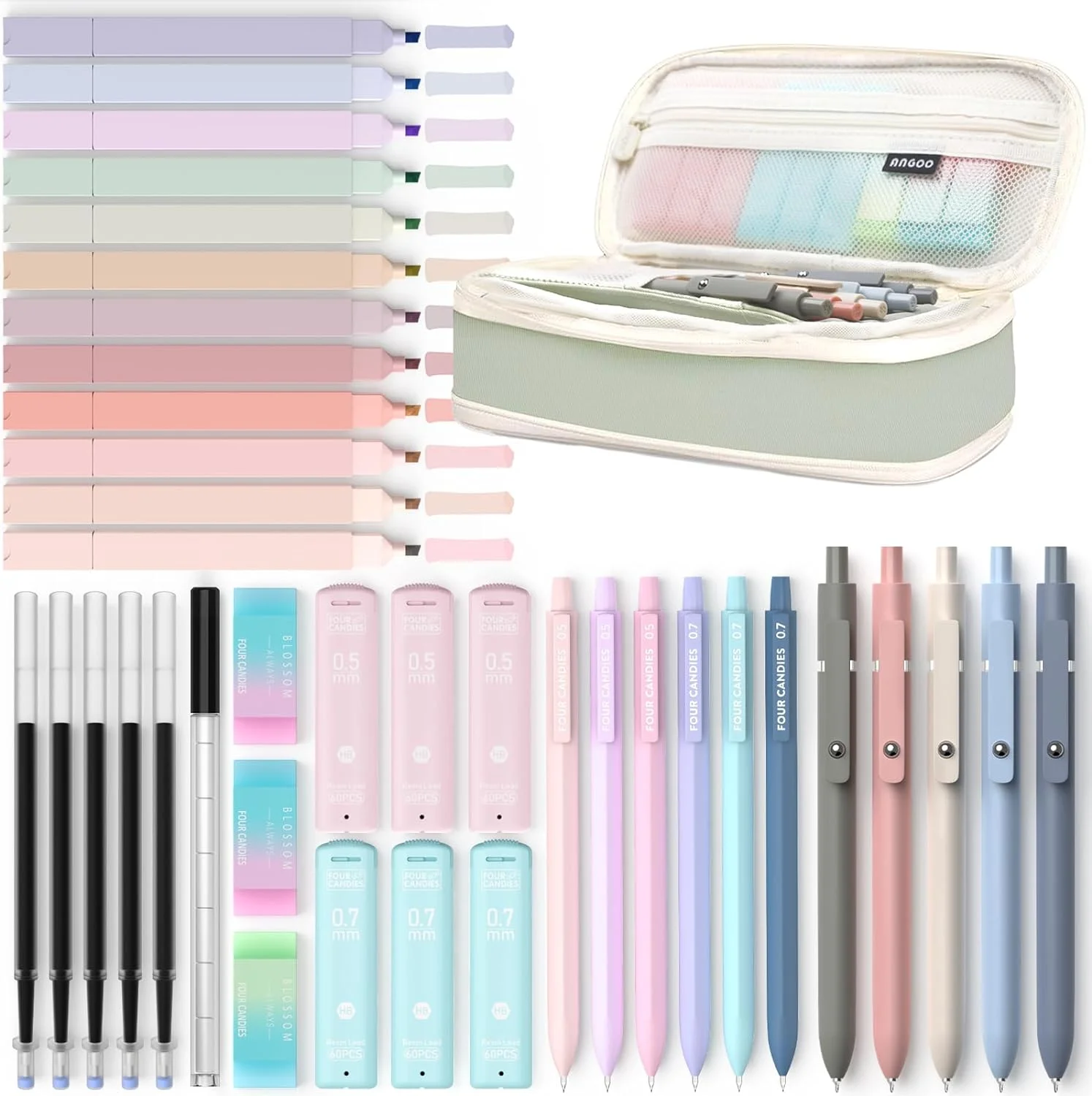 Four Candies 39 PCS Aesthetic School Supplies with Cute Pen Case, 12 Pastel Highlighters, 5 Black Ink Gel Pens, 6 Mechanical Pencils Set 0.5 & 0.7 mm for Students Stationary College Essentials (Green)