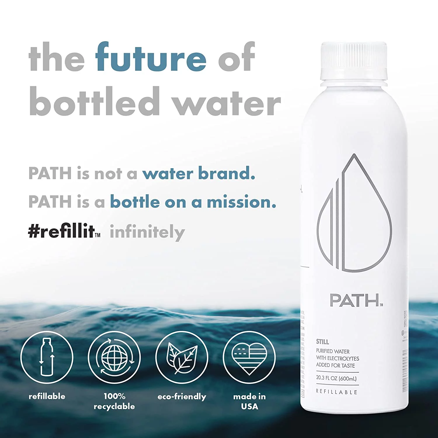 PATH Water Still Bottled Water in Reusable Aluminum Bottle, 20.3 fl oz, 18 Pack