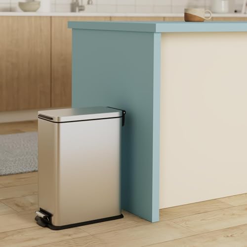 Home Zone Living 4 Gallon Slim Kitchen Trash Can with Soft Close Lid and Step Pedal, Matte Black Stainless Steel Wastebasket with Removable Bucket