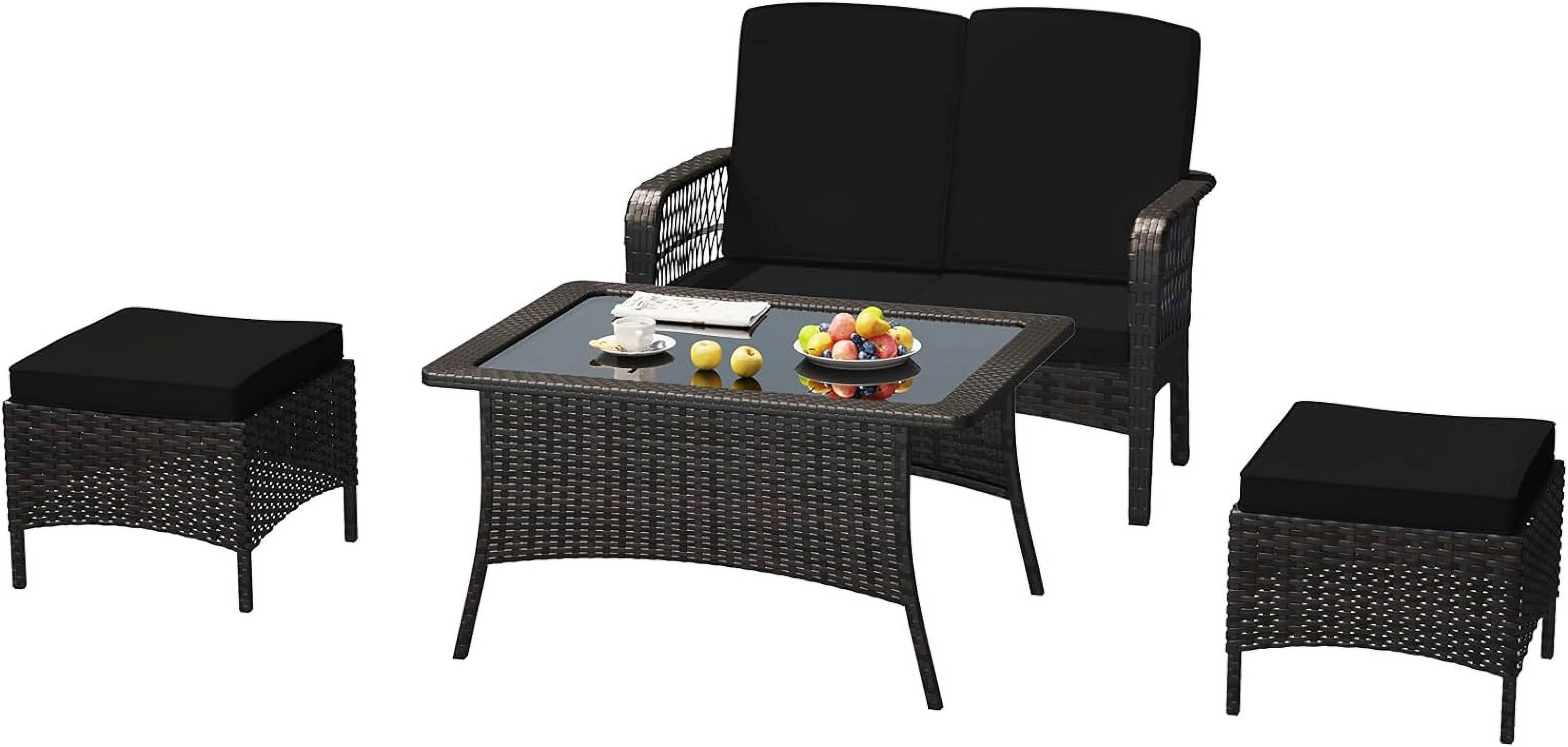 LEVELEVE Patio Furniture Set Outdoor Rattan Chair Wicker Sofa Garden Conversation Bistro Sets w/Loveseat for Yard,Pool or Backyard (Black, 4PC-Loveseat+2 Ottoman)