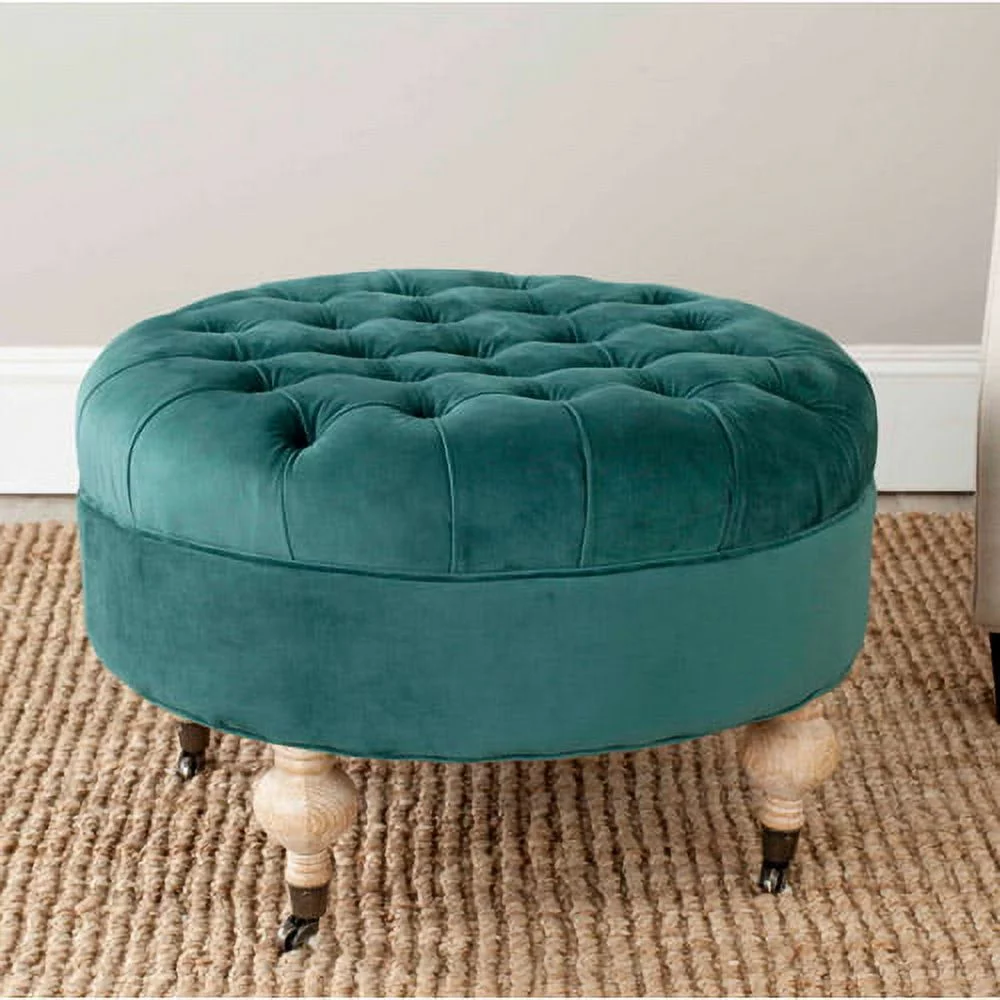 SAFAVIEH Clara Classic Rustic Tufted Round Ottoman with Casters, Marine
