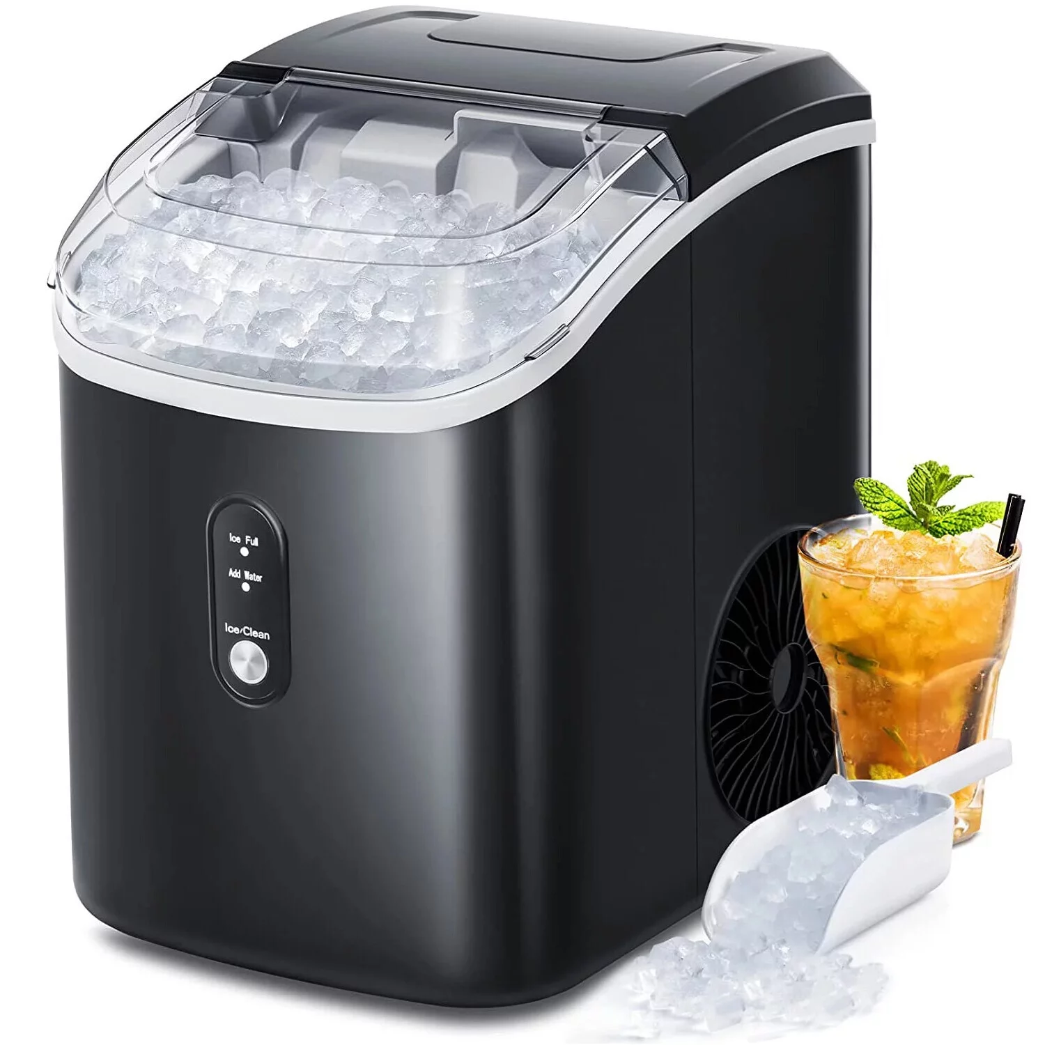 FOOING Nugget Ice Maker Countertop, Portable Ice Maker Machine with Self-Cleaning Function, 33lbs/24H Chewable Ice, Sonic Ice Maker (Black)