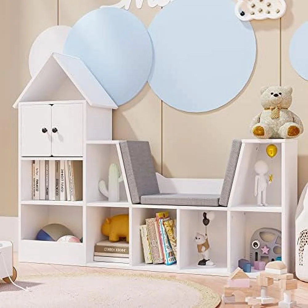 HJZBNONE Wooden  Bookshelf with Reading Nook and Book   Organizer   Bookcase with Detachable Cushions for Bedroom  Playroom  Gift for Ages 3+  Oak