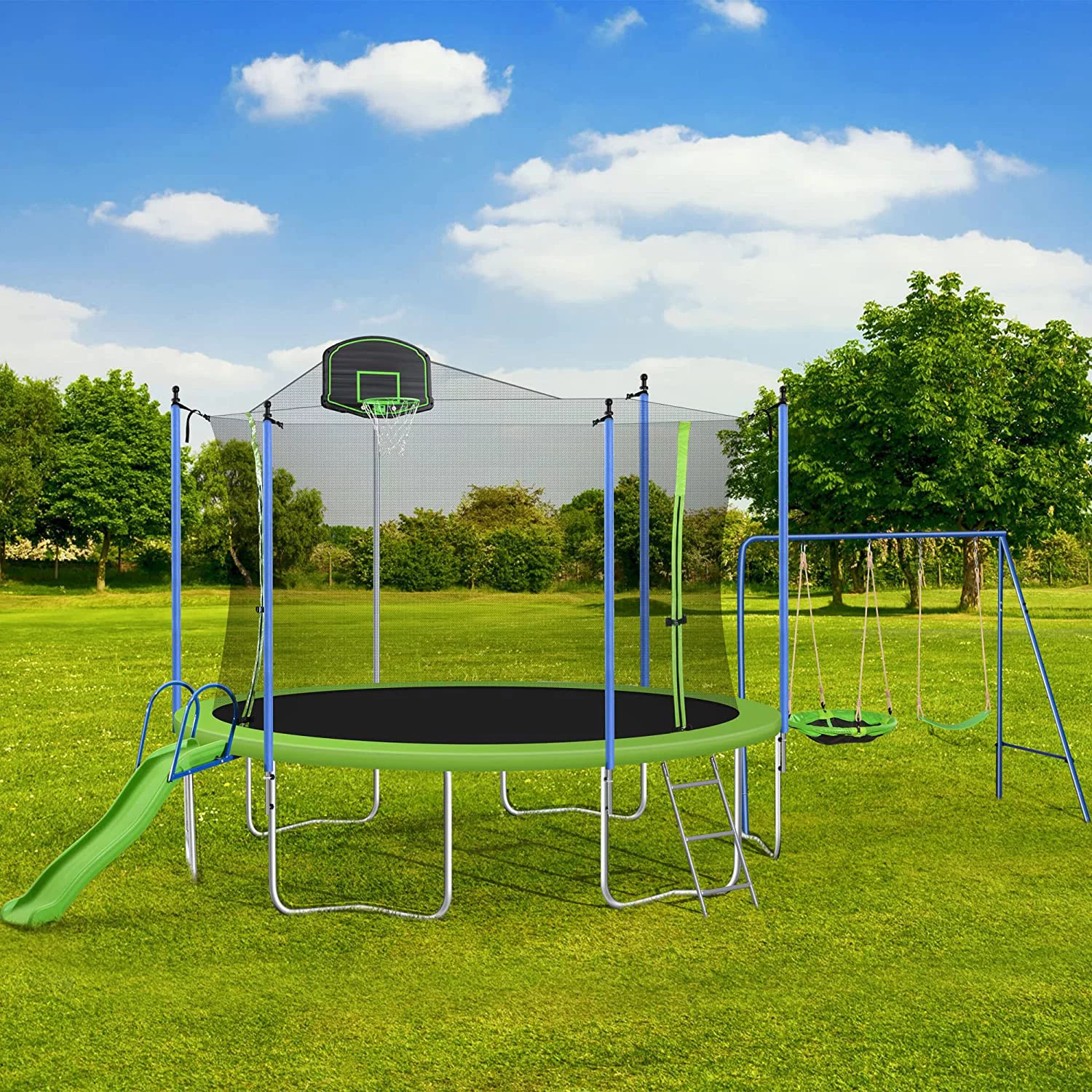 TBWYF 12FT Tranpoline for Adults & Kids Outdoor Round Tranpoline with Slide, Basketball Hoop, Metal Swing Set