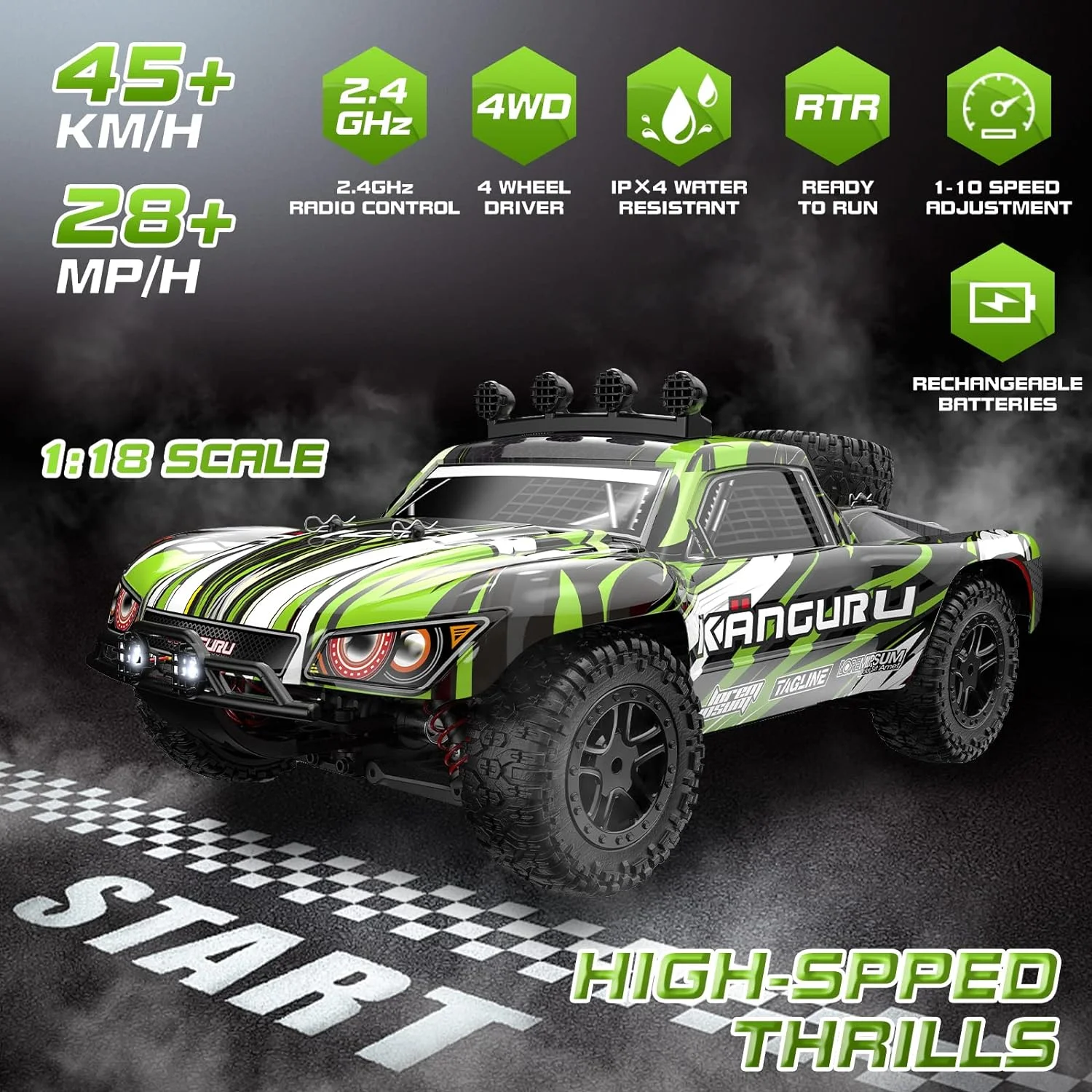 RÄDER KÄNGURU RC Cars-1:18 Scale 45+KM/H High Speed RC Car Hobby Grade Remote Control Car 4x4 Off Road Monster Car, All Terrain Waterproof Toys for Kids Adults