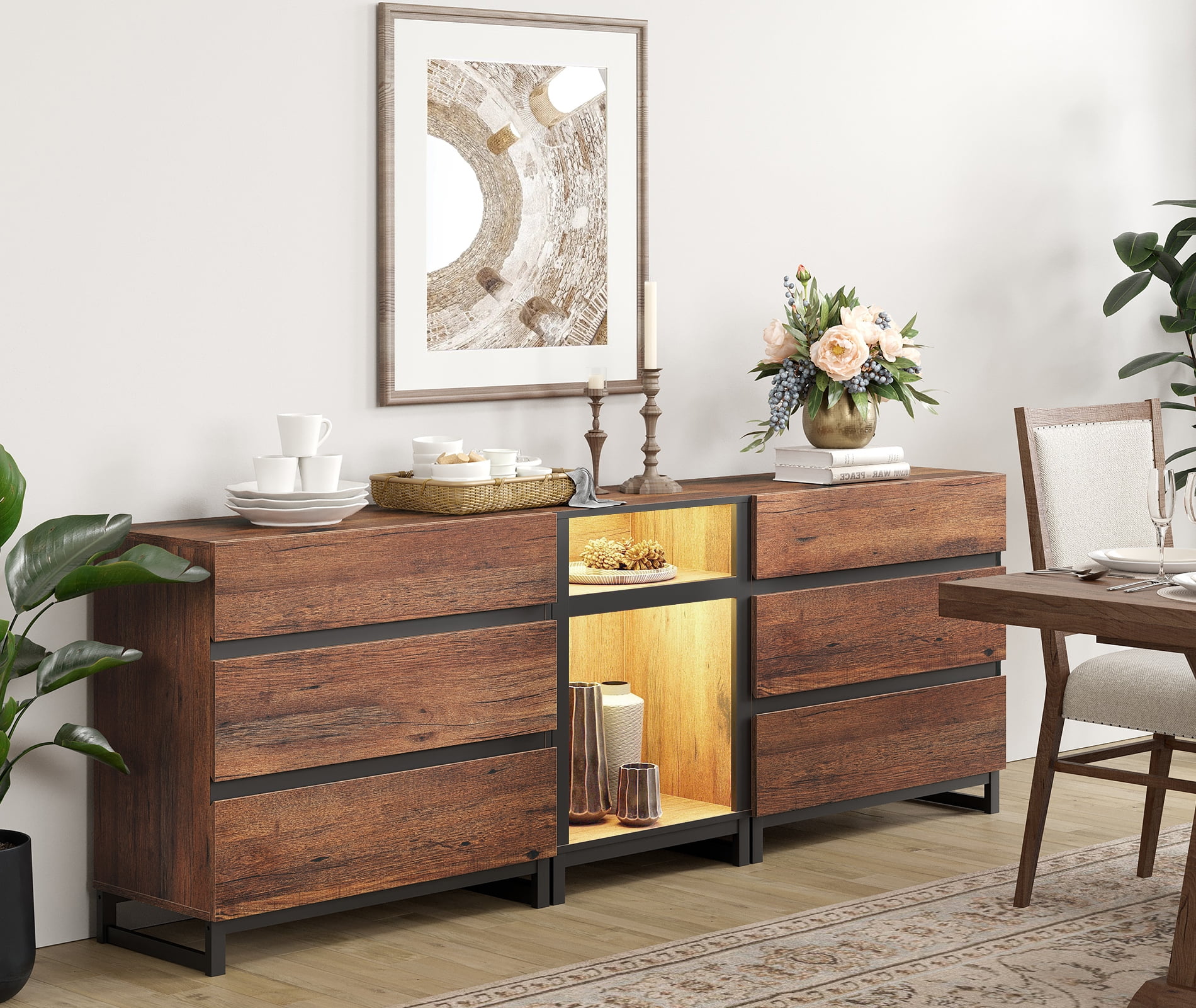 WAMPAT TV Stand for TVs up to 90 inch, 3 in 1 Modern Entertainment Center with LED Lights & 6 Storage Drawers, TV Console for Living Room,Brown