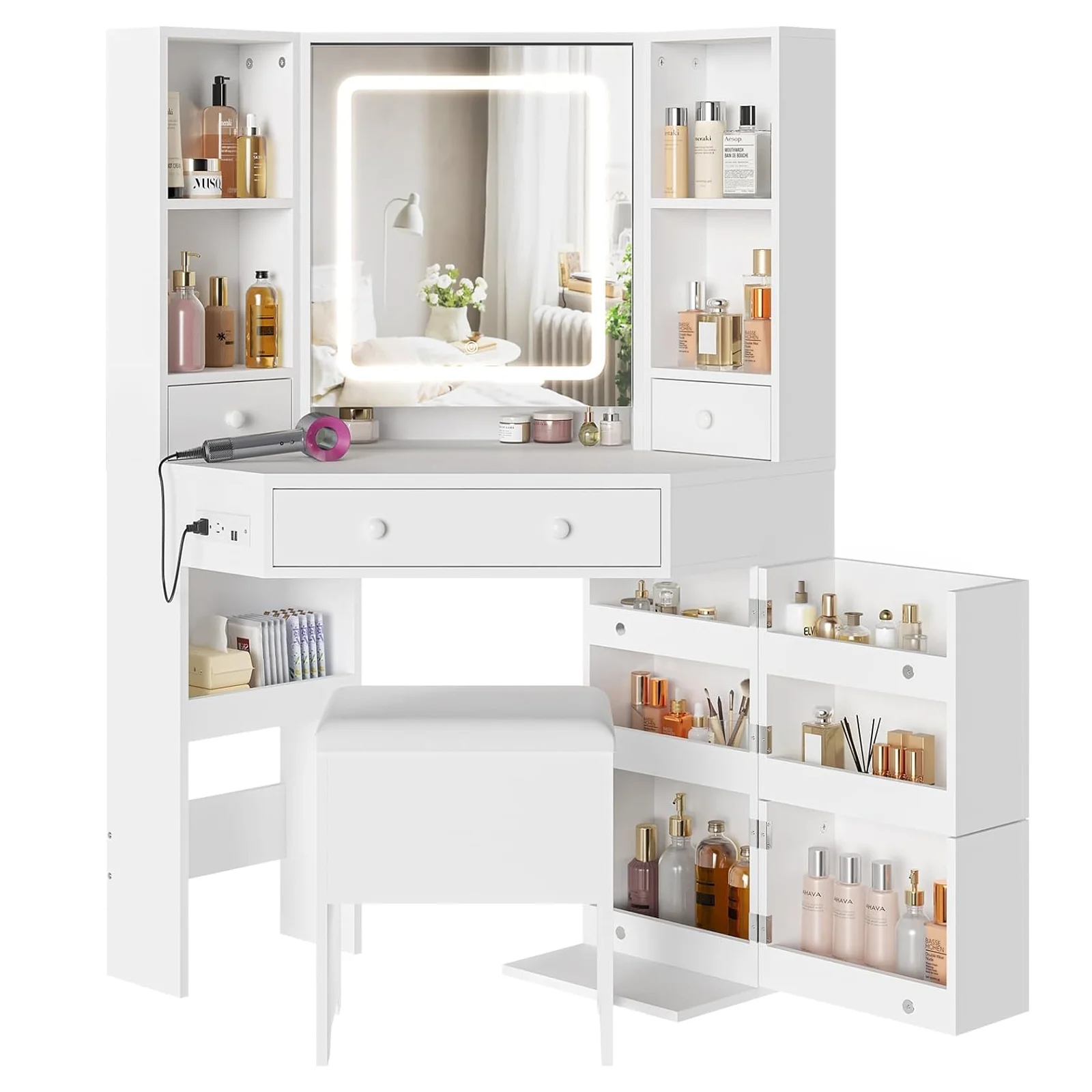 Makeup Corner Vanity Desk with with Mirror and Lights and Charging Station,White Vanity Set table Dressing with Drawers&Storage Stool&Rotating Shelves for Girls Women