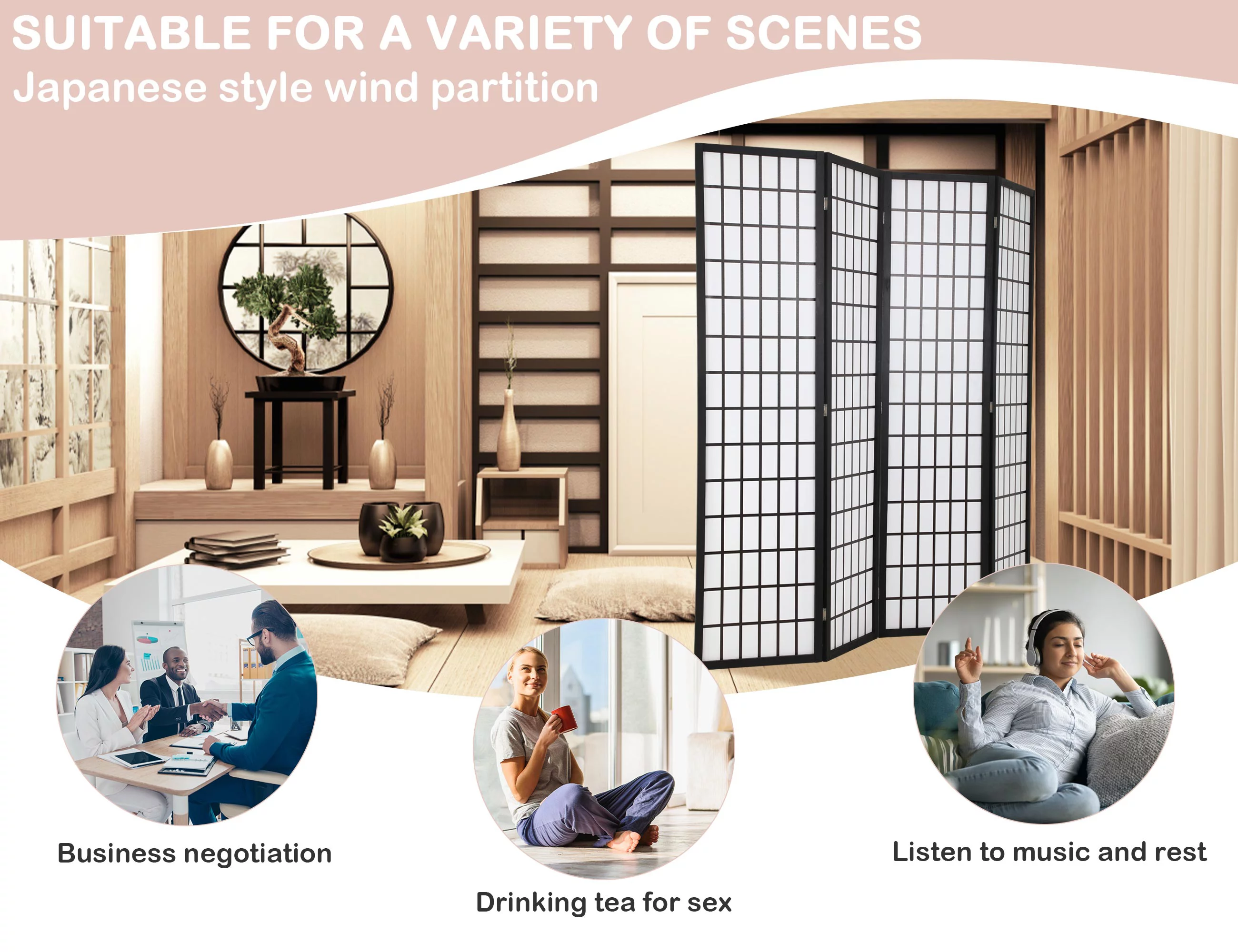 YRLLENSDAN Wood Oriental Shoji Room Dividers with 4 Panels, 6Ft Folding Privacy Divider for Dorm Wall Divider for Rooms Portable Japanese-Inspired Partition Screen