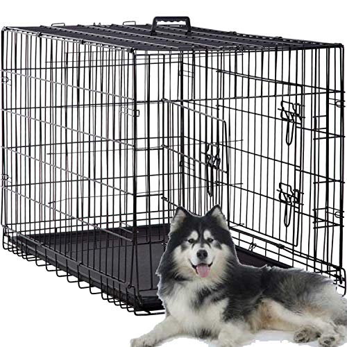 48 Inch Large Dog Crate Dog Kennel Cage Metal Wire Crates Pet Cages Double-Door Foldable Kennels with Handle and Plastic Tray Indoor&Outdoor,Black XXL
