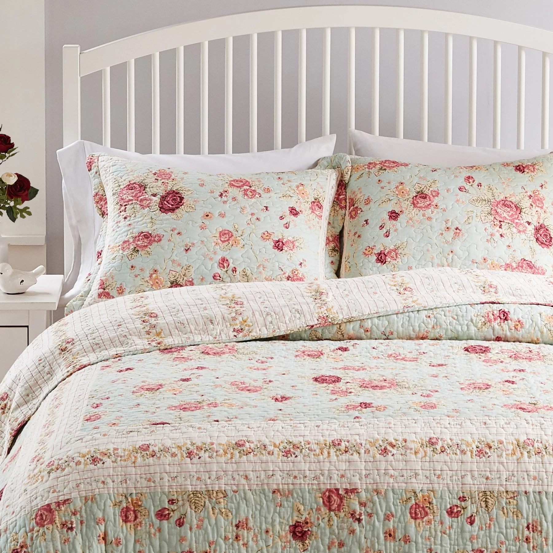 Greenland Home Fashions  Antique Rose All-Cotton Reversible Quilt Set Blue (3-Piece Set) Oversized Queen 3 Piece