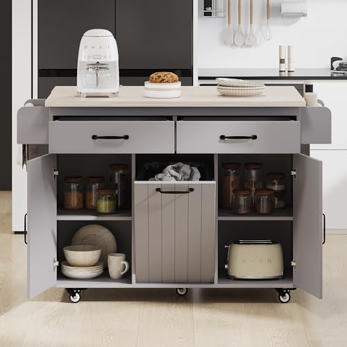 53.5'' Farmhouse Kitchen Island with Power Outlet, Kitchen Storage Island with Drop Leaf, Spice Rack and Drawer, Rolling Kitchen Cart on Wheels for Home, Kitchen and Dining Room, Black