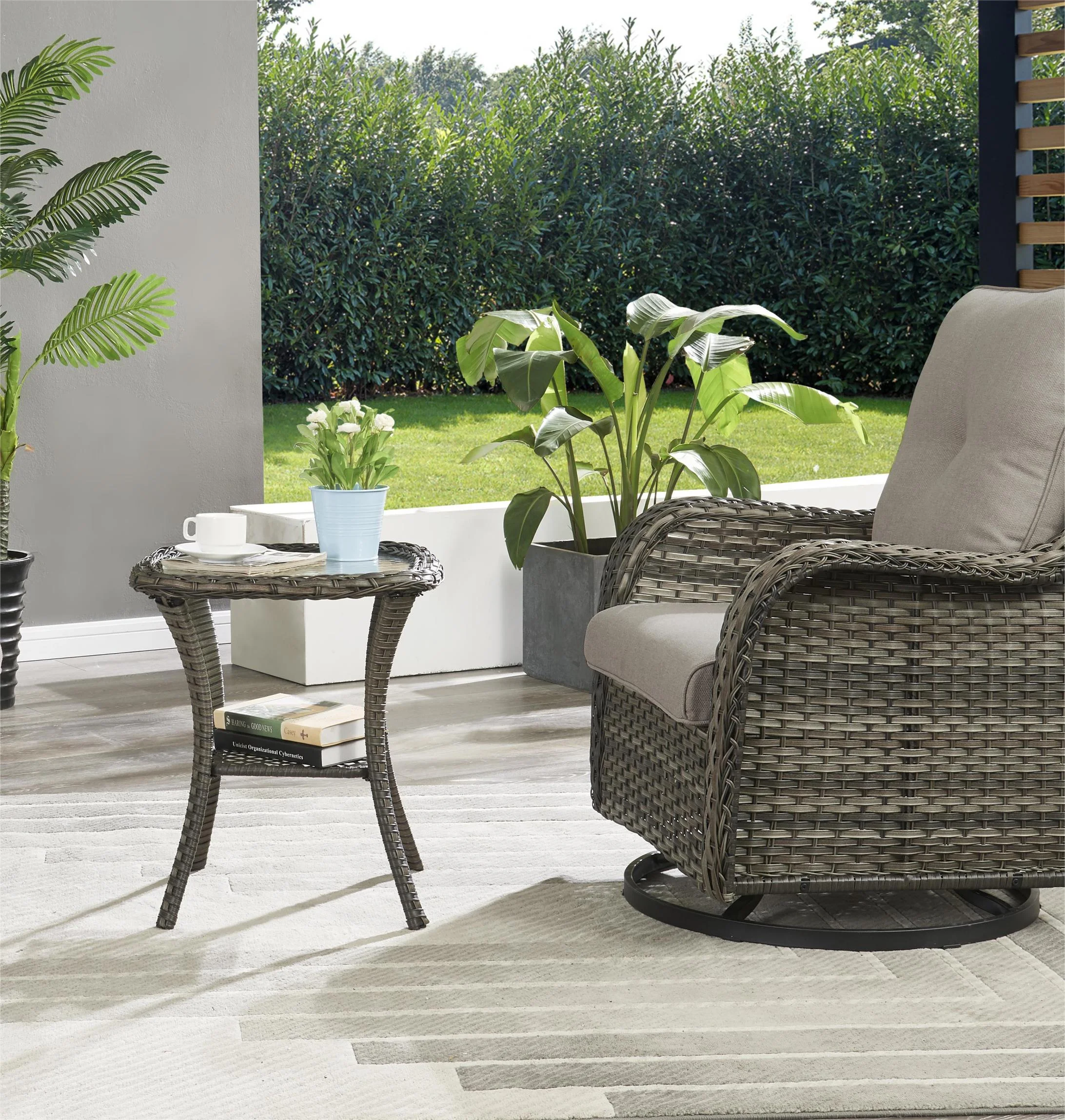 PARKWELL 3-Piece Outdoor Swivel Gliders with Side Table - Patio Wicker Bistro Furniture Set for Porch Deck Backyard - Gray Cushioned Swivel Rocking Chairs in Gray Wicker