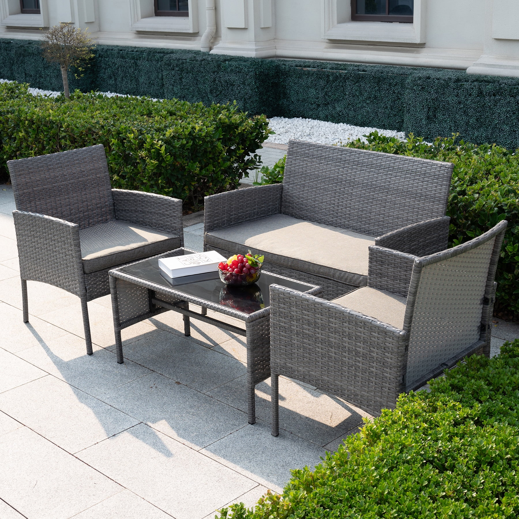 Tappio 4 Piece Patio Conversation Wicker Furniture Set, Outdoor Patio Sectional Furniture Set w/Glass-Top Coffee Table & Gray Cushions, Cushioned Sofa Table for Patio, Gray/Dark Gray