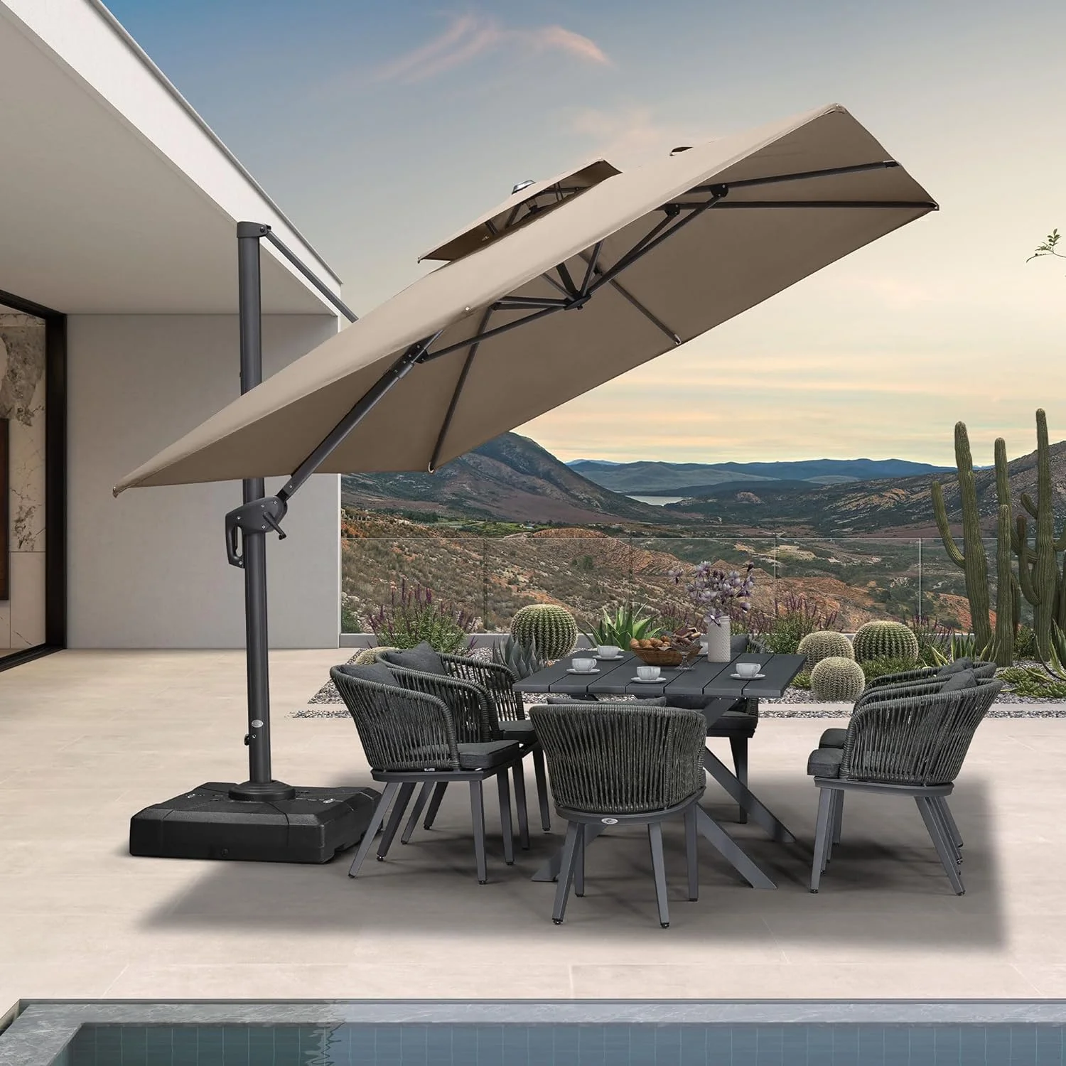 PURPLE LEAF 9' X 12' Double Top Olefin Cantilever Patio Umbrella Deluxe Large Outdoor Umbrella Rectangle Offset Umbrella with Fade Resistance Recycled Fabric for Garden Deck Pool, Taupe