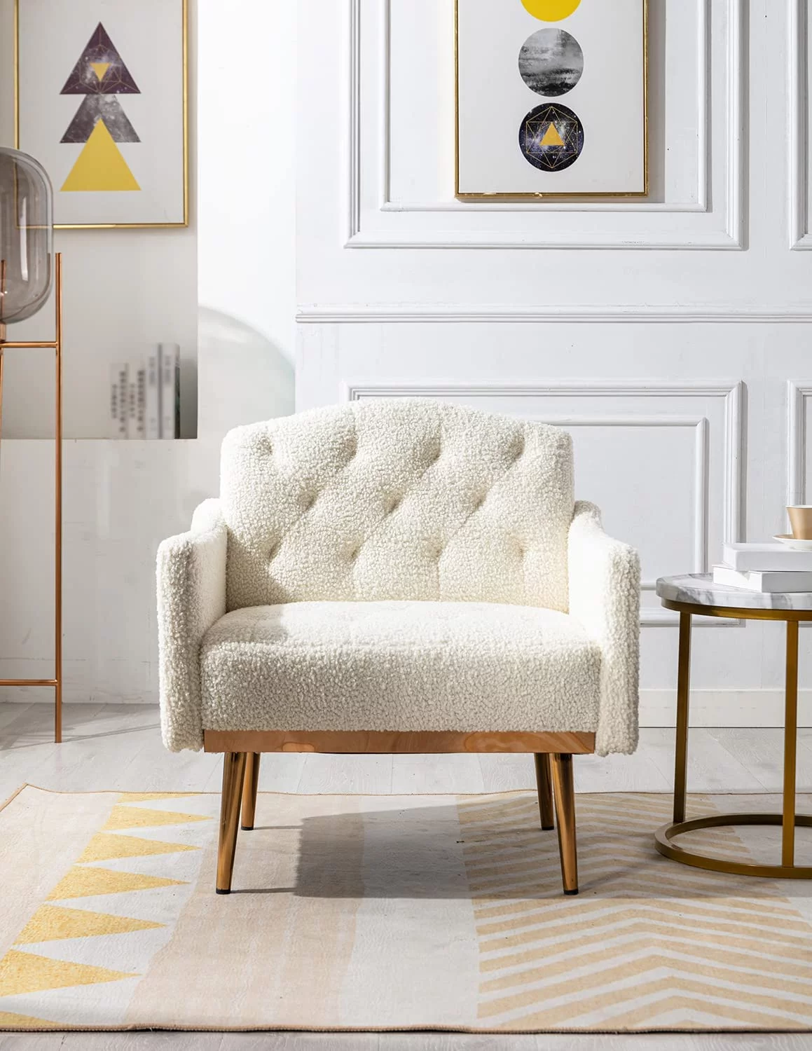 KINFFICT Accent Chair, Mid-Century Modern Armchair, Upholstered Fabric Comfy Accent Chair, for Living Room Bedroom, White