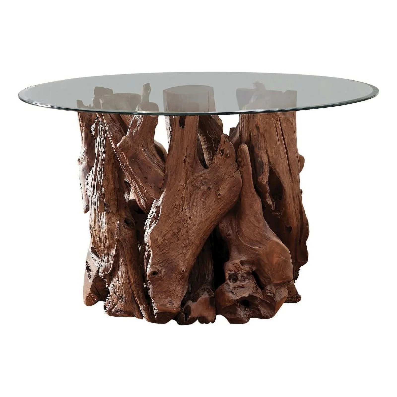 Pemberly Row Round Wood & Glass Dining Table in Light Brown and Clear