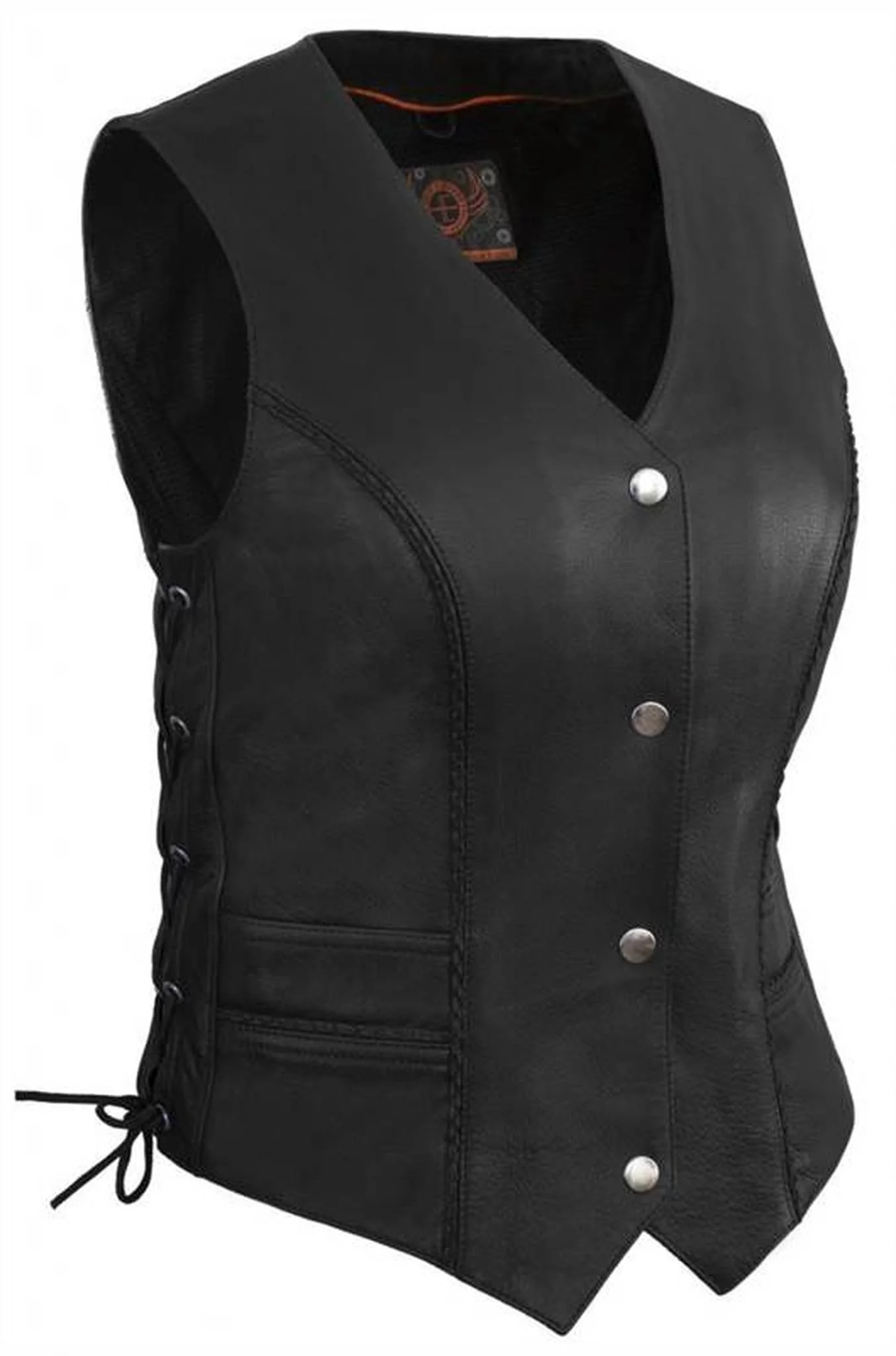 True Element Women's Braided Leather Vest With Side Laces (Black, Size XL)