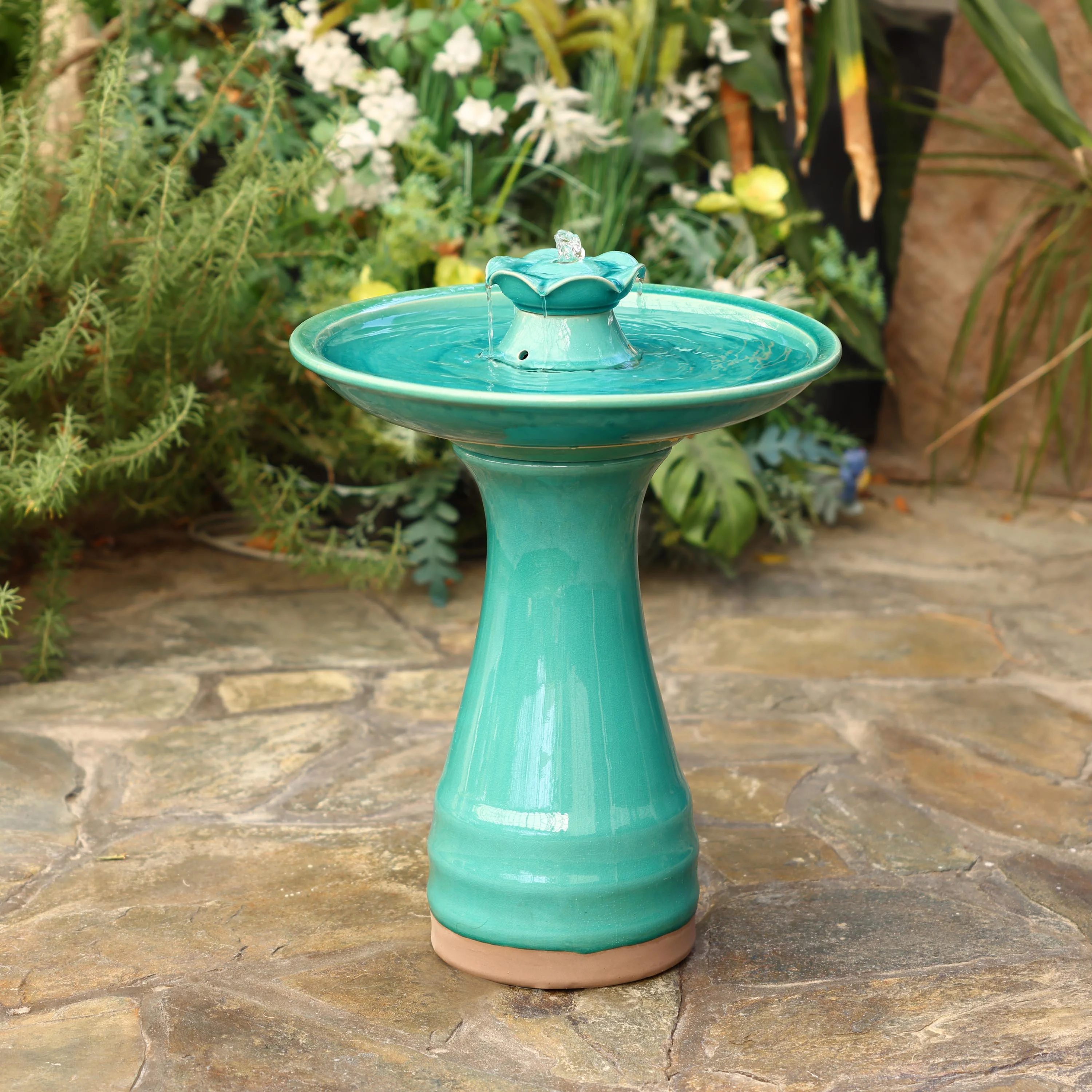 LuxenHome Aqua Glazed Ceramic 22-In Tall Birdbath Fountain