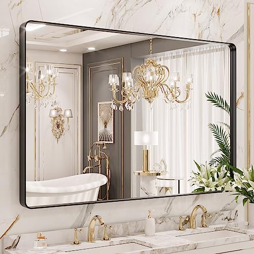 LOAAO Black Metal Framed Bathroom Mirror for Wall, 22X30 Inch Rounded Rectangle Mirror, Matte Black Bathroom Vanity Mirror Farmhouse, Anti-Rust, Tempered Glass, Hangs Horizontally or Vertically