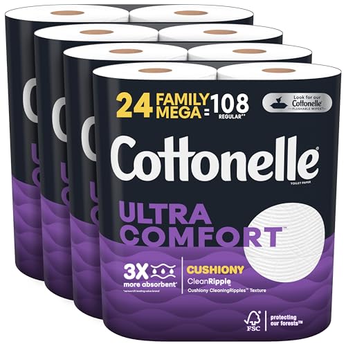 Cottonelle Ultra Comfort Toilet Paper with Cushiony CleaningRipples Texture, 24 Family Mega Rolls (24 Family Mega Rolls = 108 Regular Rolls) (4 Packs of 6), 296 Sheets per Roll, Packaging May Vary