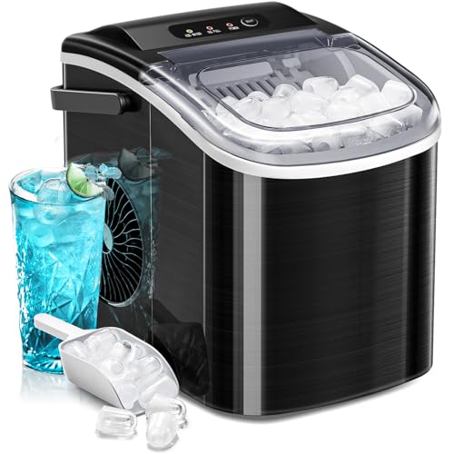 AGLUCKY Ice Makers Countertop with Handle,26.5Lbs/24H,9 Cubes in 6 Mins,2 Sizes of Bullet Ice,Portable Ice Maker Machine with Self-Cleaning,Perfect for Home Kitchen(Black)