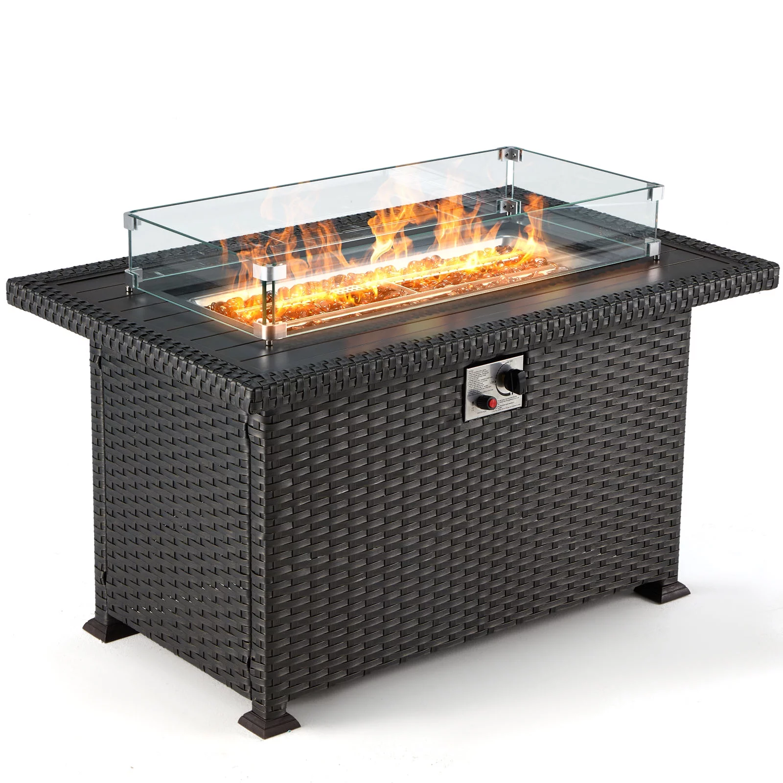 Homrest Aluminum Fire Pit Table, Propane Fire Table for Outside,44in 50,000 BTU Auto-Ignition Fire Table w/ CSA Certification,Hand-Painted Table Top, Wind Guard,Cover,Glass Beads(Black)