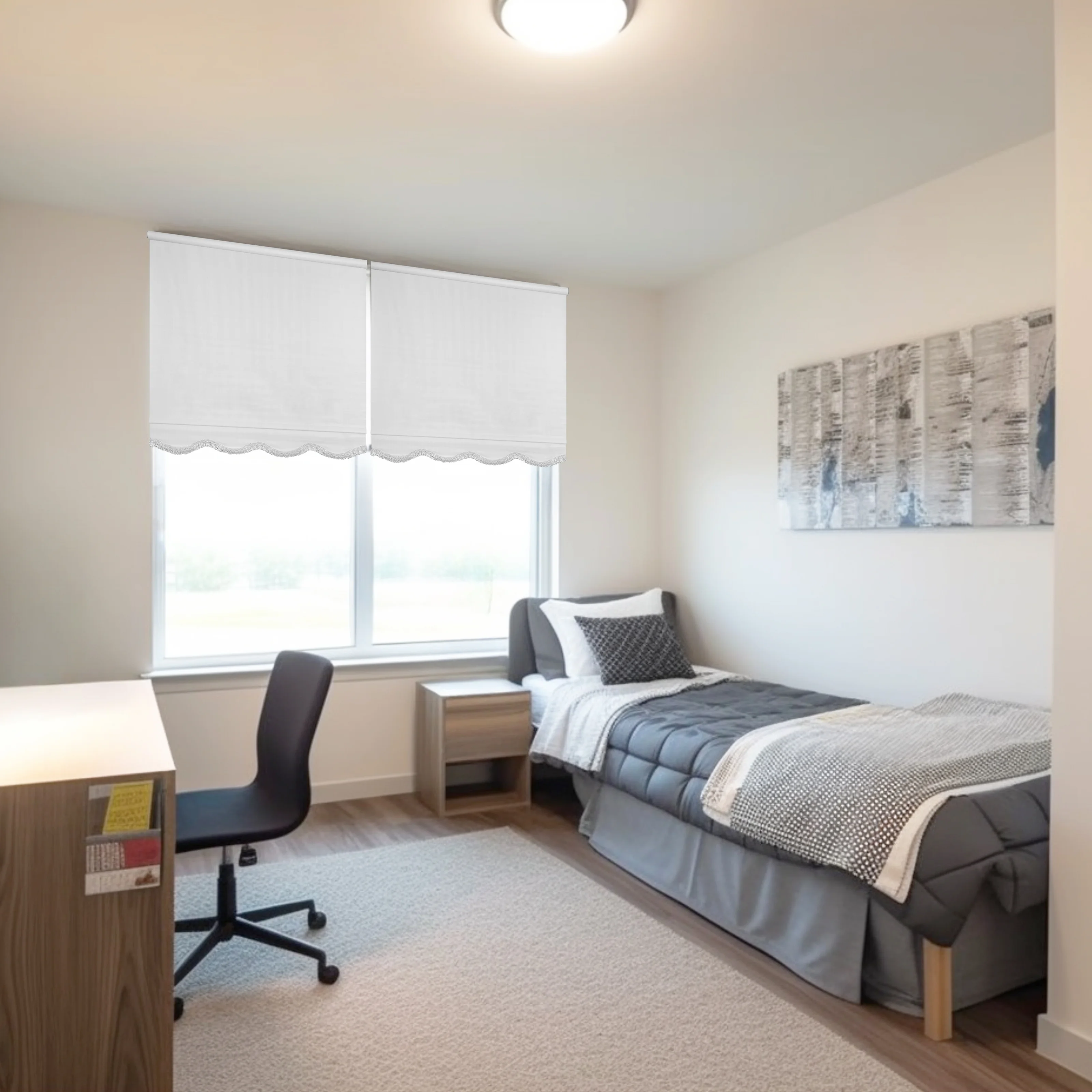 Chicology Fringe White Textured Cordless Blackout Privacy Vinyl Roller Shade 53 in. W x 64 in. L